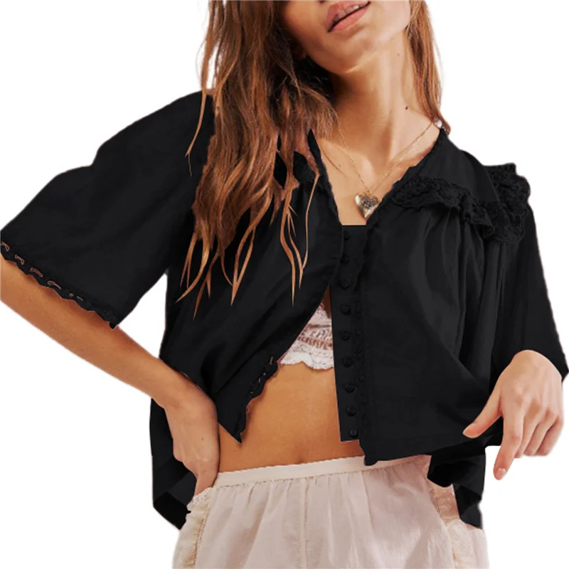 AOAO-Mulher Y2K Ver Através Peplum Camisa Plissado Renda Guarnição Botões Tops Manga Curta Gola Boneca Babydoll Blusa