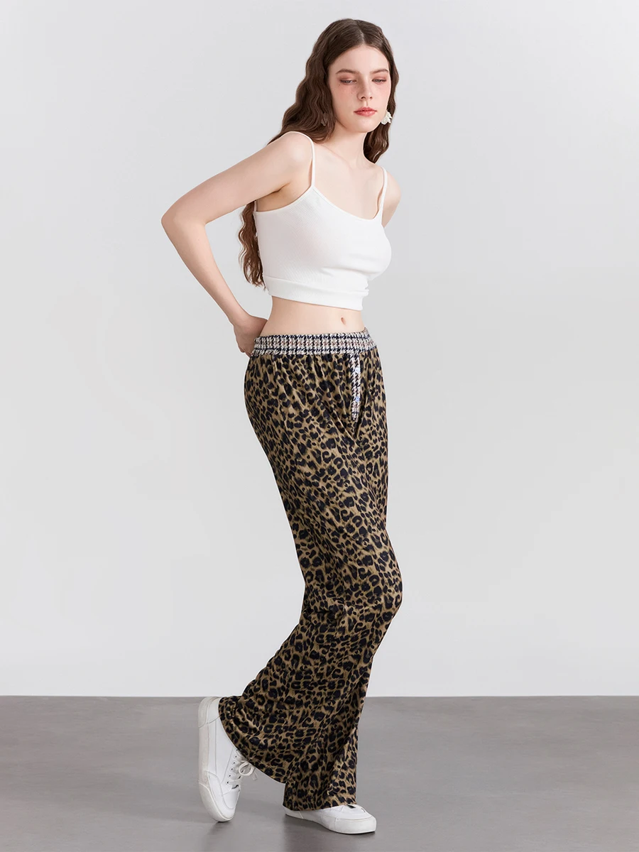 Womens Long Pants Elastic Waistband Leopard Houndstooth Print Single-breasted Casual Trousers