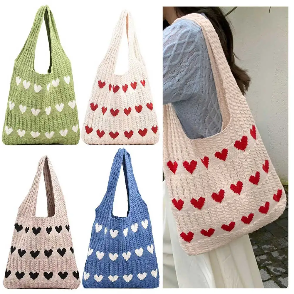 Women Knit Love Tote Bag Color Blocking Lightweight Handbag Large Capacity Crochet Satchel Bag Top Handle Bag Commuting Bag