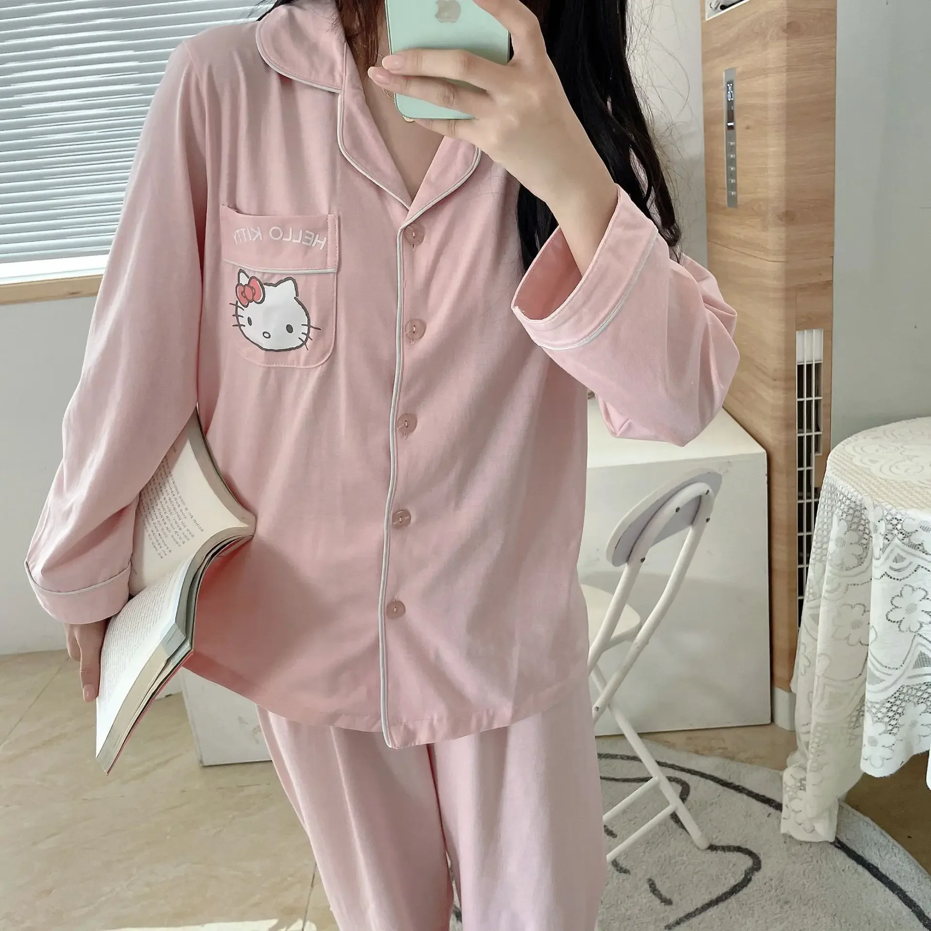 Sanrio Hello Kitty Women Pajamas Summer Cartoon Japanese Simple Pochacco Sweet Girl Pajamas Set Long-Sleeved Trousers Home Wear