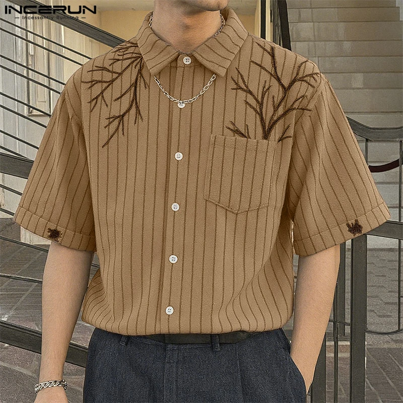 INCERUN الرجال قميص الطباعة مخطط التلبيب قصيرة الأكمام بلوزات فضفاضة الذكور قمصان الصيف الشارع الشهير موضة ملابس الرجال غير رسمية S-5XL