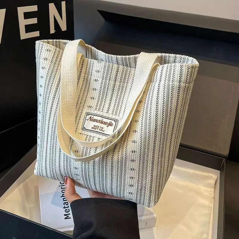 Ins Style Japanese Canvas Tote Bag for Women, Fashion Striped Handbag Shoulder Bag for School Commute