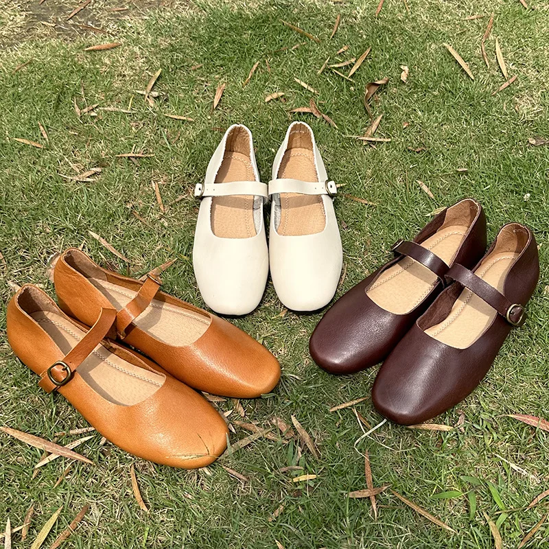 Careaymade-Genuine leather Pure handmade women\'s shoes one line buckle casual flat bottomed women shallow mouth single shoes