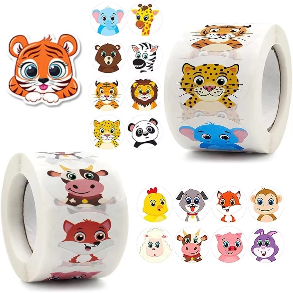 

500pcs Round Cartoon Toys Animal Stickers for Kids Teacher Reward Encourage Sticker Office Stationery for Children 1inch
