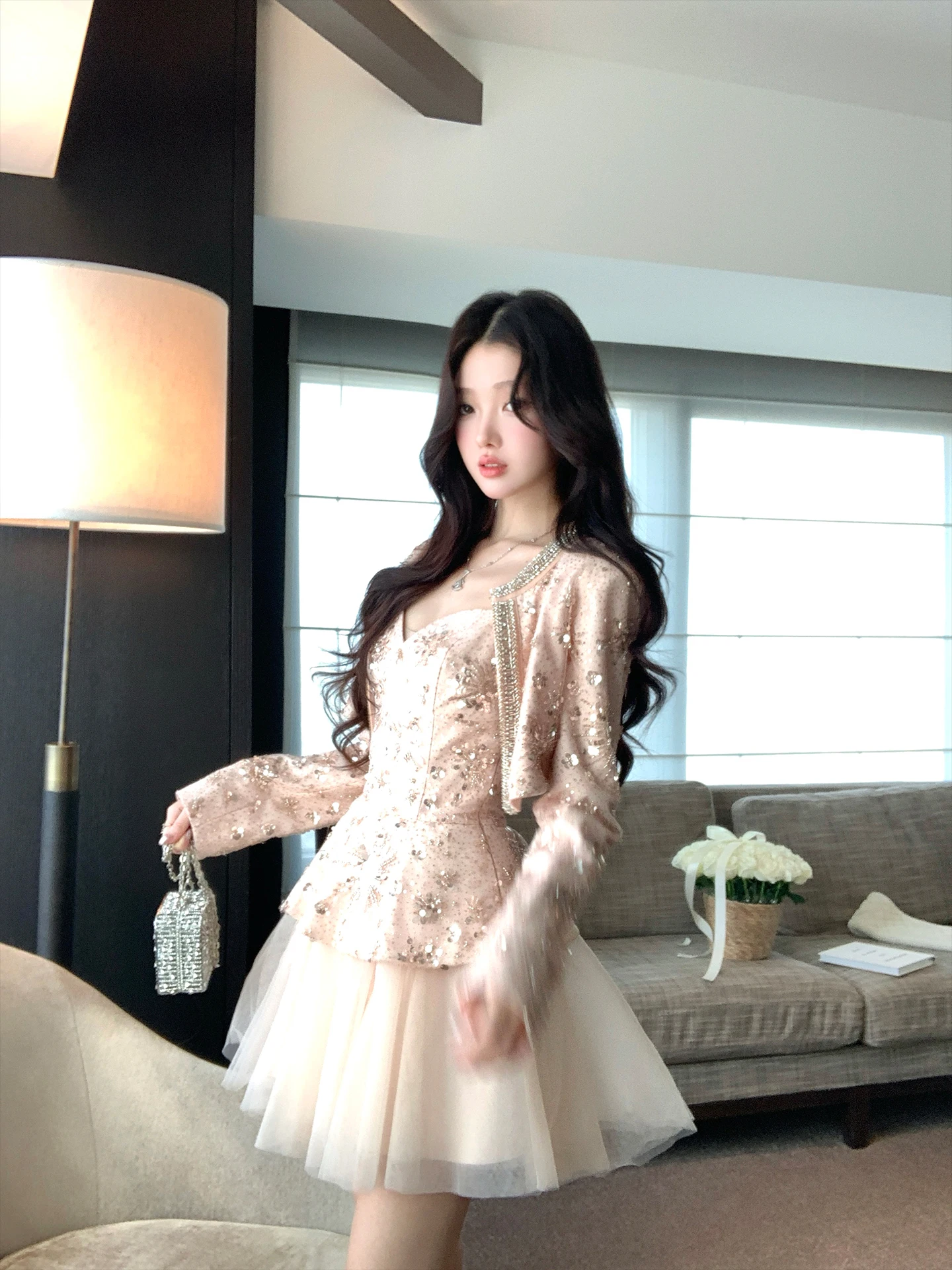 Acaine Cold Brew Heavy Embellished Short Jacket Waist Cinched Strap Dress Set Elegant Style Zipper Closure High Waist