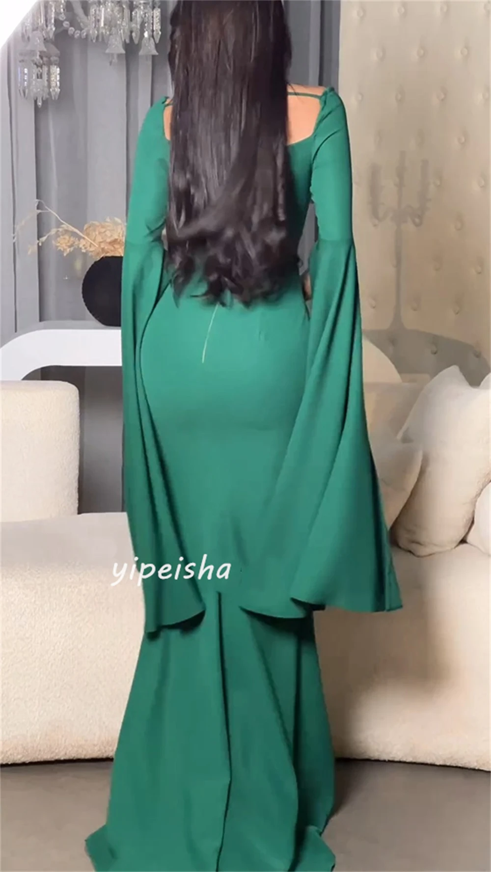 Chinese Style Sizes Available Jersey Pleat Mermaid V-neck Long Dresses Flouncing Celebrity Dresses High Quality Matching Retro