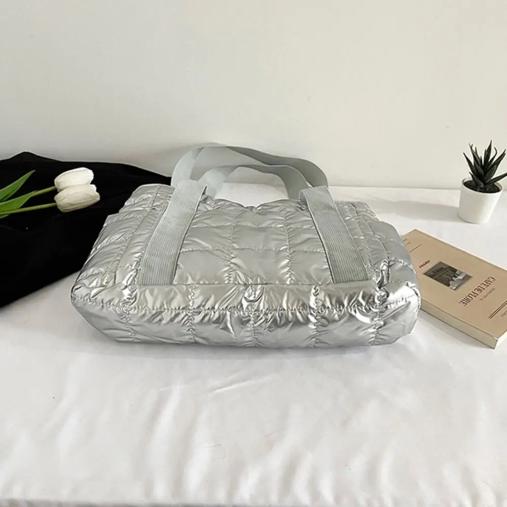 한국 스타일 다운 코튼 숄더백 대용량 체크 무늬 코튼 패딩 토트 백 솔리드 컬러 경량 푹신한 가방