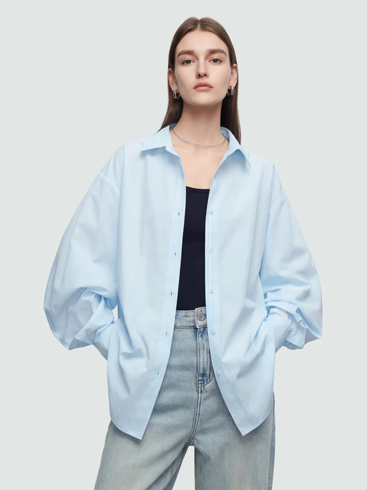 

Blue Anti-Wrinkle Long Sve irt Loose Women's Sle eep Leg Sve Sunscreen Lazy Faion Top for Spring SueM Brand