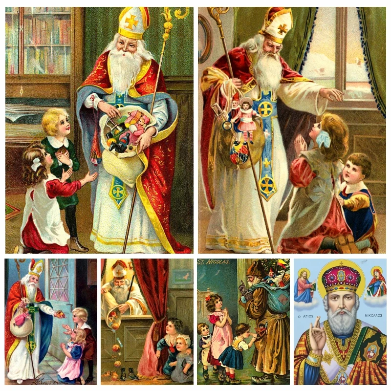 

Vive Saint Nicholas With Children Diamond Painting AB Drills Christians St Nicholas Day Decor Cross Stitch Santa Claus Wall Art