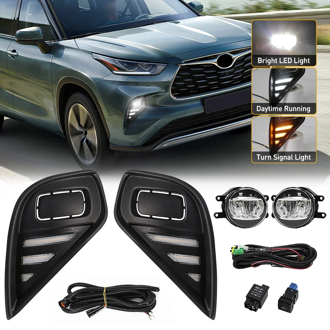 

LED Fog Light For Toyota Highlander 2021 2022 DRL Daytime Running Lamp Daylights Dual Colors With Wires Switch Car Accessories