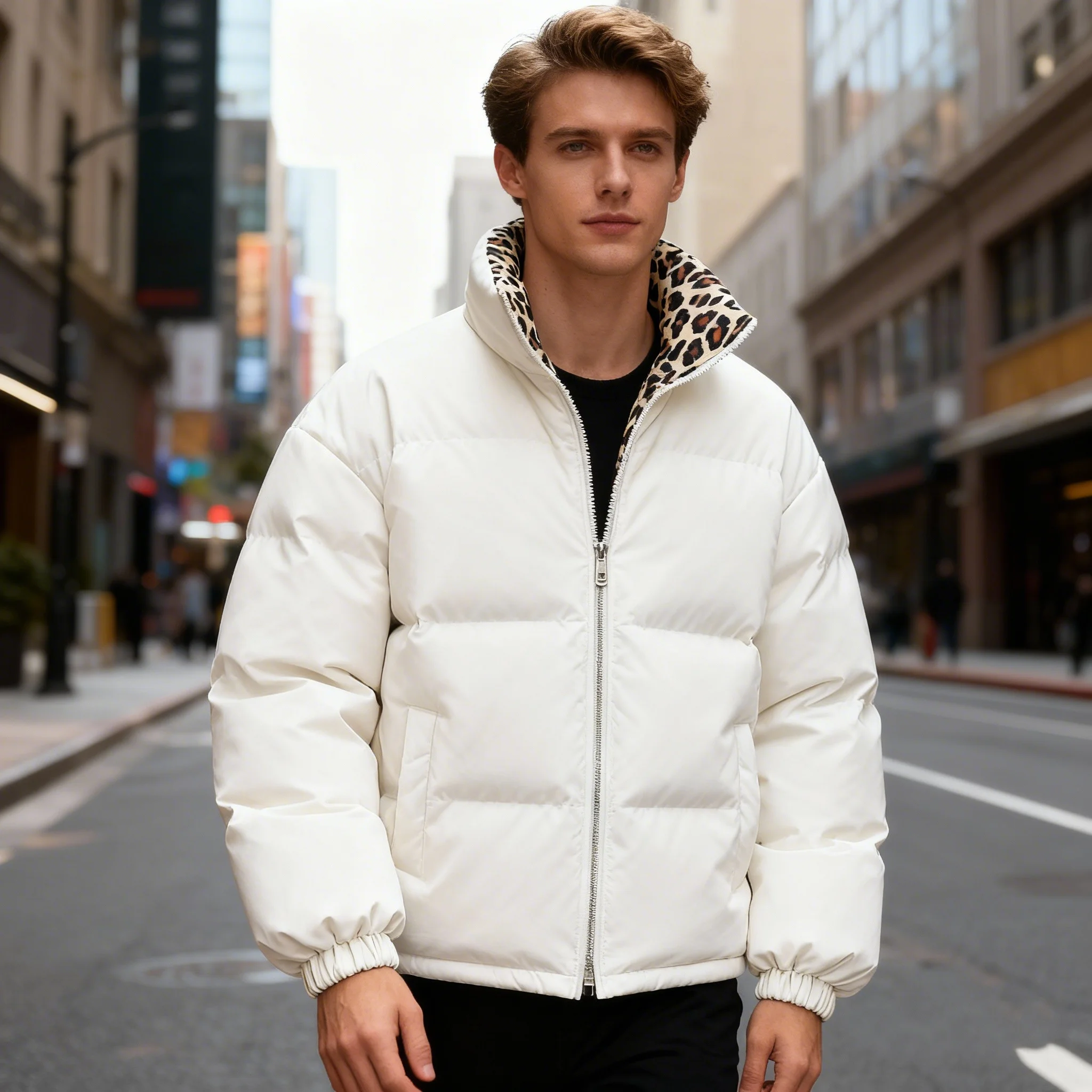 

Мужская зимняя куртка с леопардовым принтом, воротником-комбинезоном, однотонная, с волнистым узором, рукавами-фонариками, унисекс, теплая верхняя одежда для зимы