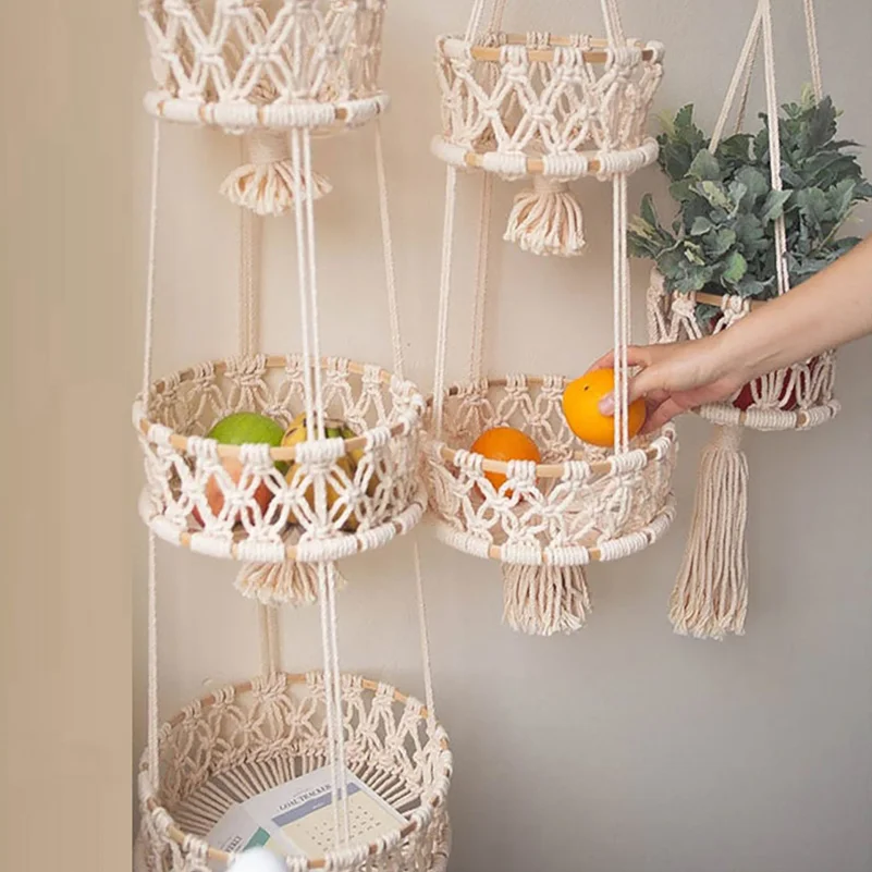 

Vegetable Storage Basket Handmade Cotton Rope Weaving Plant Hanging Fruits Baskets Gardening Wall Decorations