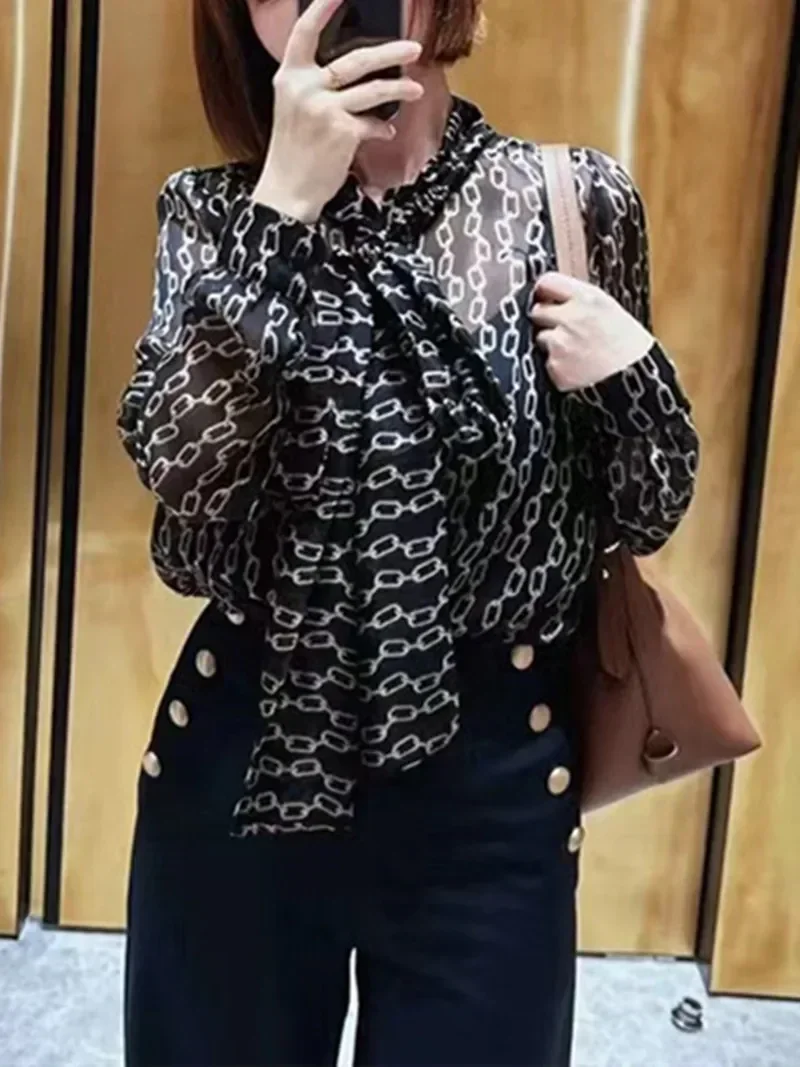 

Chain Printing Women Ribbon Collar Blouse 100% Silk Early Autumn Long Sleeve Female Elegant Two Piece Set Shirt 2023