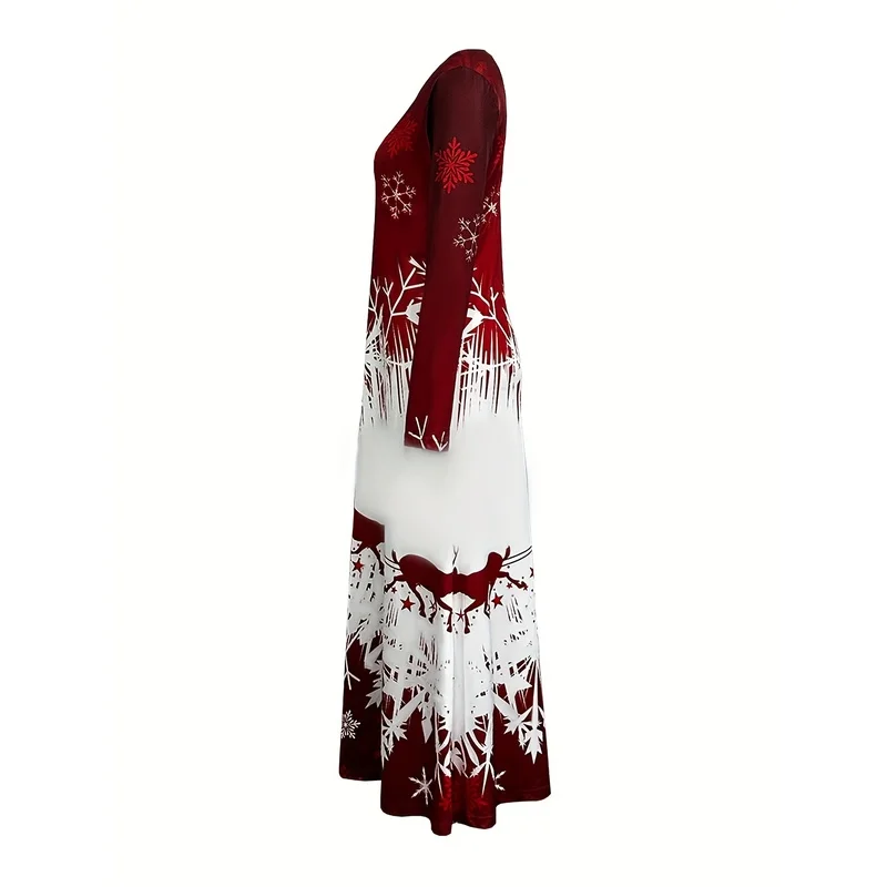 This Year's New Christmas Reindeer Print Casual Long-Sleeve Round-Neck Dress, Suitable for Christmas