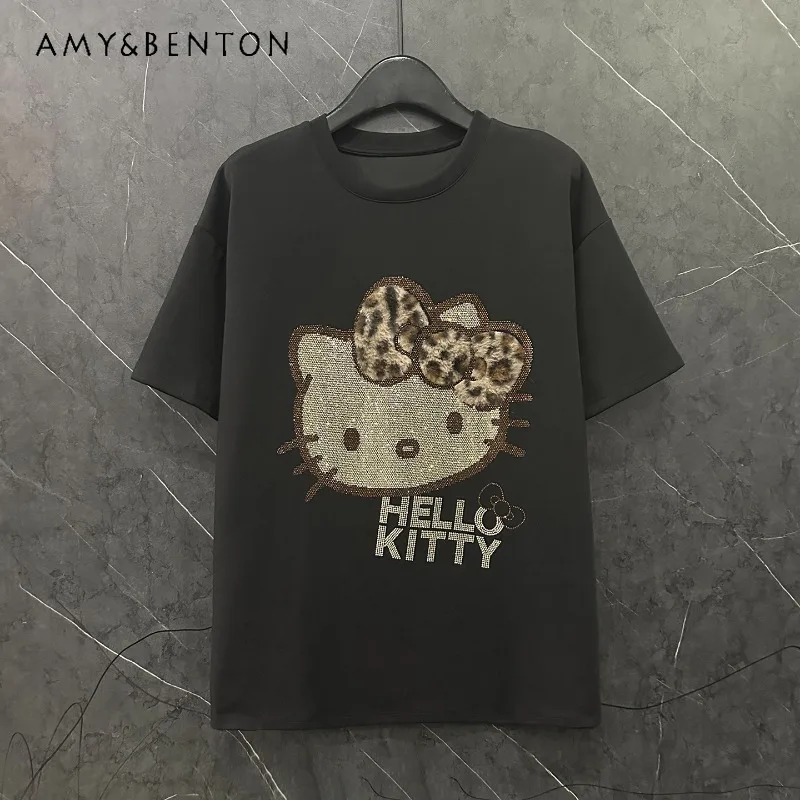 

2025 Autumn Heavy Industry New Rhinestone Cartoon Short Sleeved T-shirt ladies Loose Casual Versatile Age-Reducing Top Tshirts