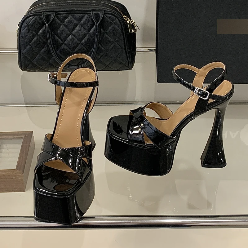 

Eilyken Women Sandals Summer Platform Patent Leather Square Toe Buckle Strap Shoes Fashion High Heels Zapatos De Mujer