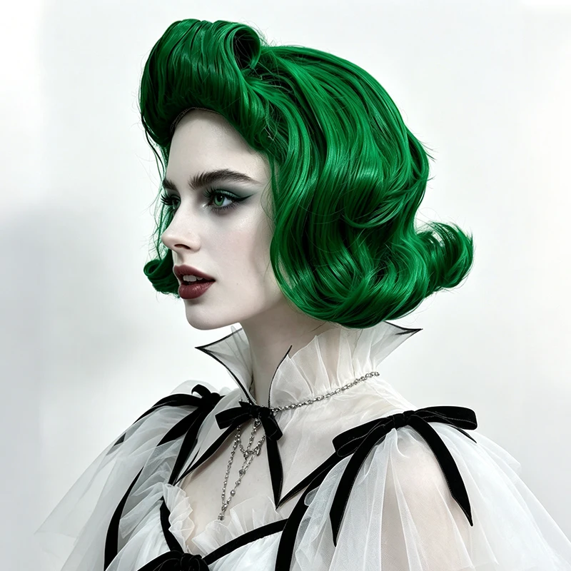 Green Synthetic Wig Retro Curl Bouffant Shape Joker Cosplay Style Curly Bob Wig Halloween Party Carnival Stage Costume Accessory