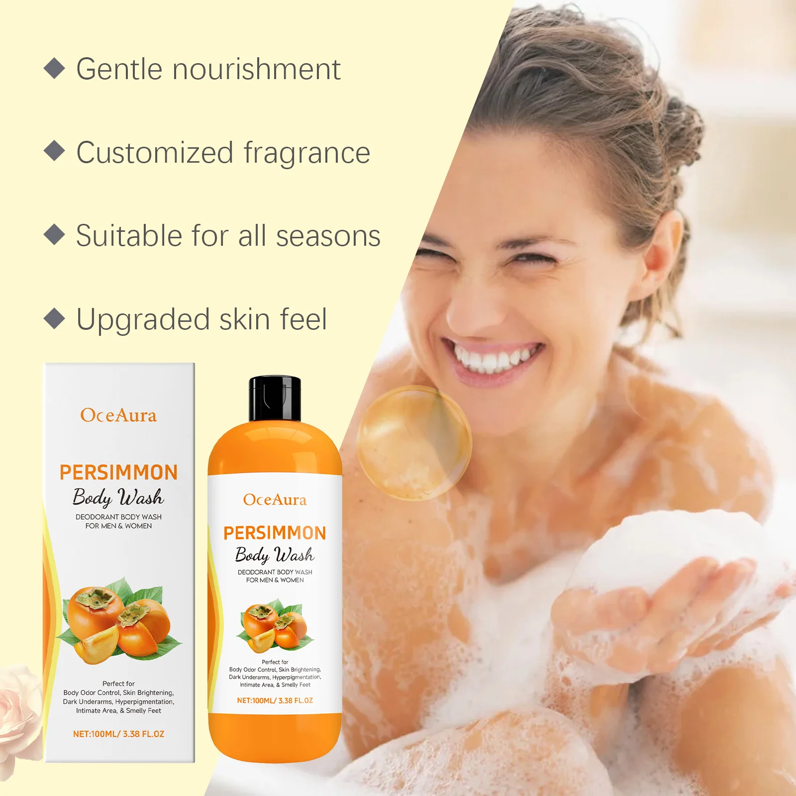 Persimmon Body Wash Odor Control Cleansing Shower Gel Anti-Nonenal Sweat Body Odor Neutralizer Gentle Body Care for Men & Women