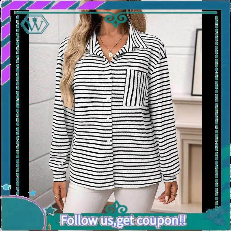 

A09P Womens Button Down Shirts Striped Classic Long Sleeve Collared Office Work Blouses Tops With Pocket