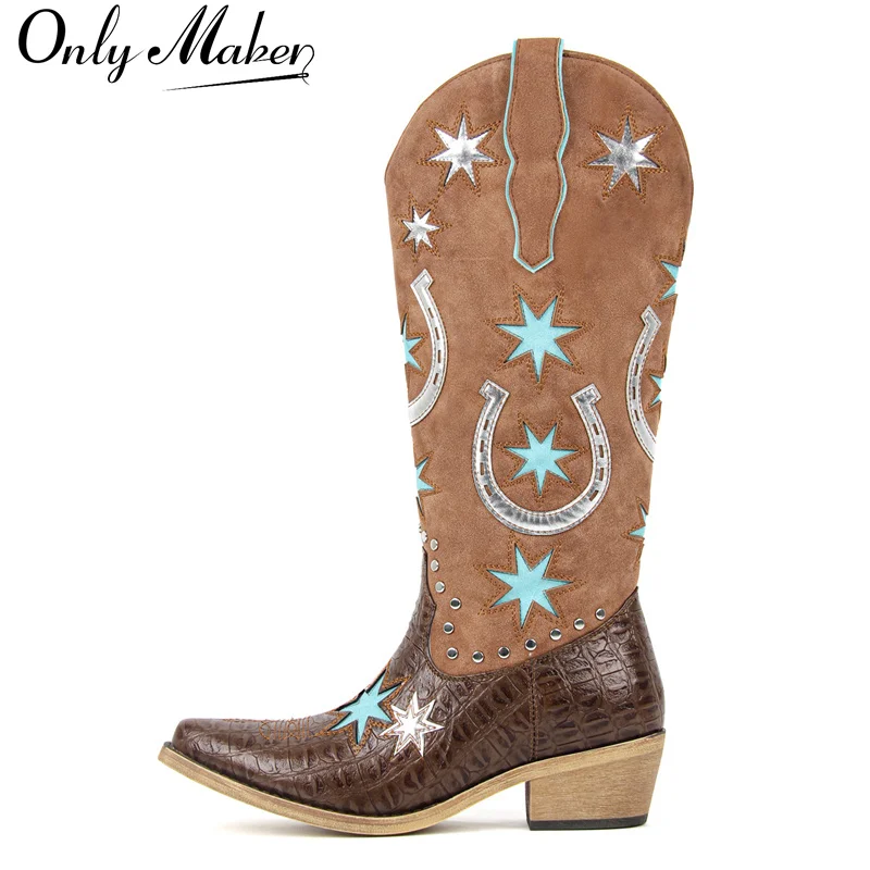 

Onlymaker Women Embroidery Star Western Cowgirl Boots Pointed Toe Side Zipper Knee High with Chunky Heel Boots