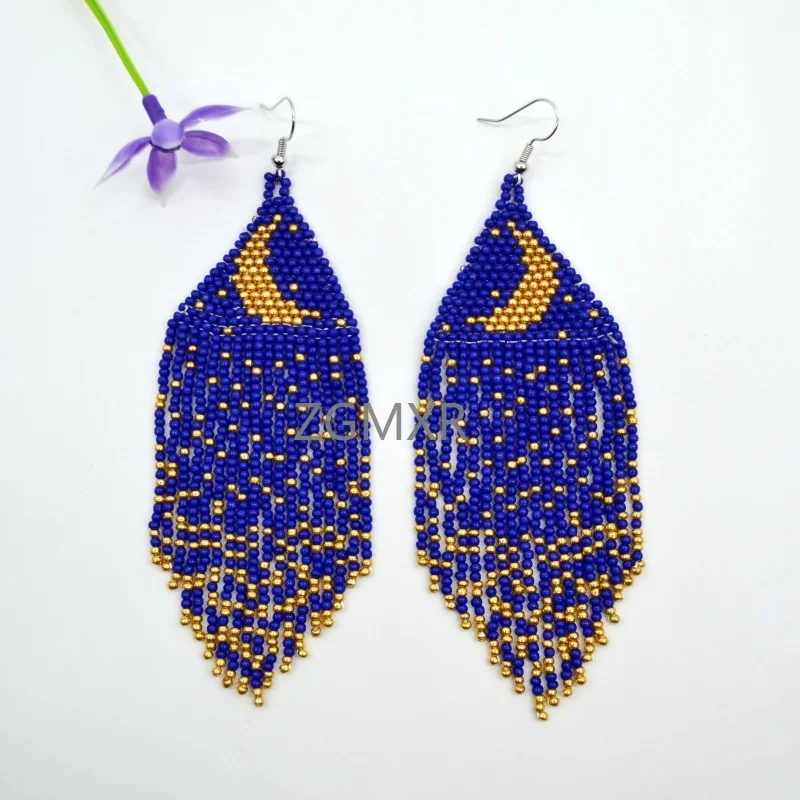 ZGMXR Rice bead earrings Tassel Starry sky Moon Bohemia Original Hand-woven Geometry Alloy Female Fashion Simple Beaded earrings view 6