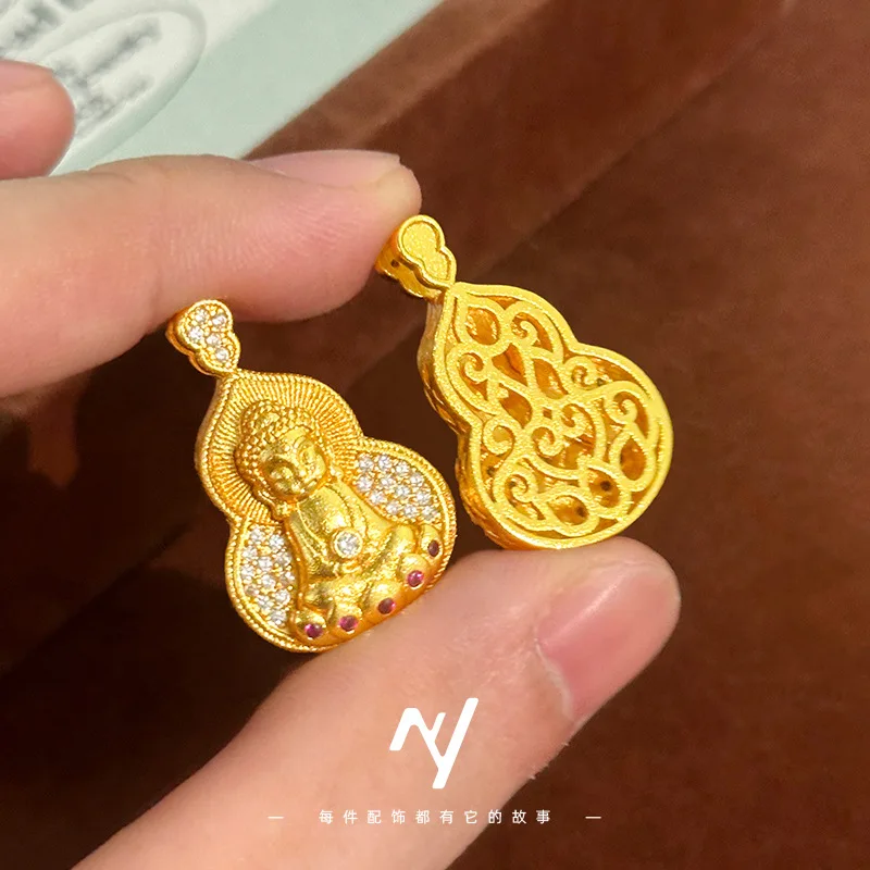 Luxurious Women's 9999 24K Real Gold Little Buddha Gourd Pendant New Ethnic Style Diamond Hollow Buddha Necklace