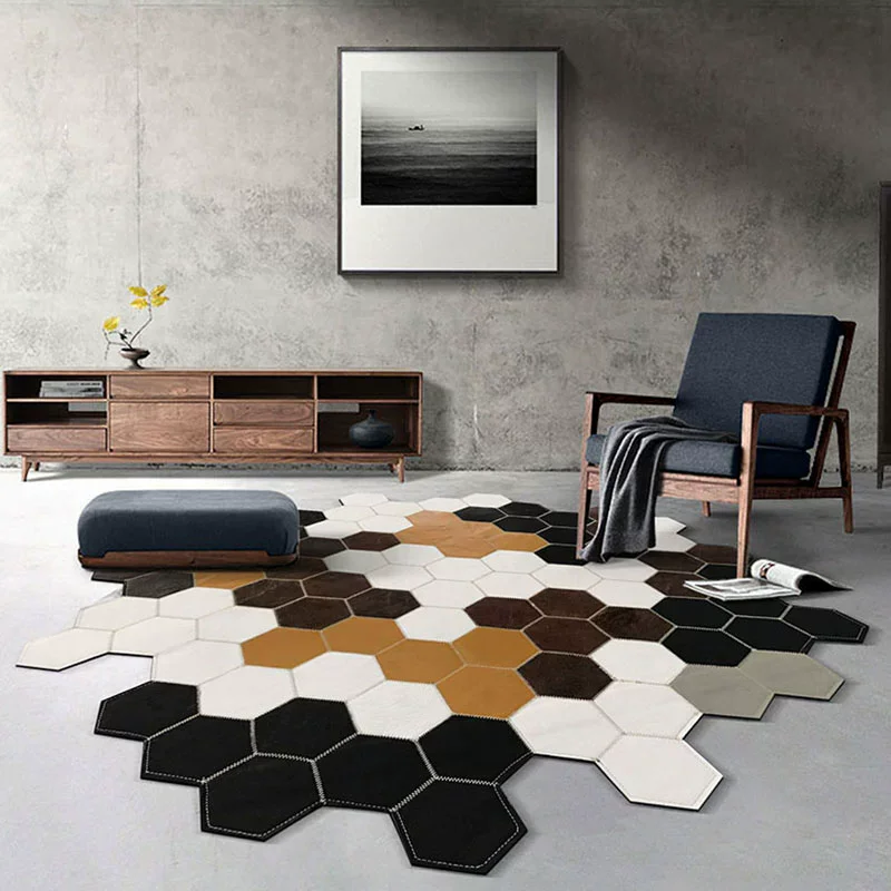 Irregular Smooth Cowhide Round Carpet Living Room Manual Splicing Chair Rug Home Sofa Coffee Table Floor Mat Study Room Area Rug