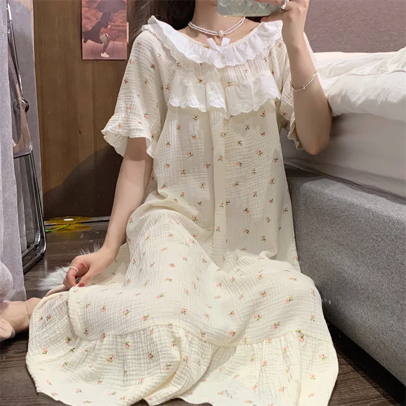 Kawaii Patchwork Lace Collar Princess Dress Print Floral Cotton Sleepwear Women Loose Nightgown Cozy Court Style Homewear