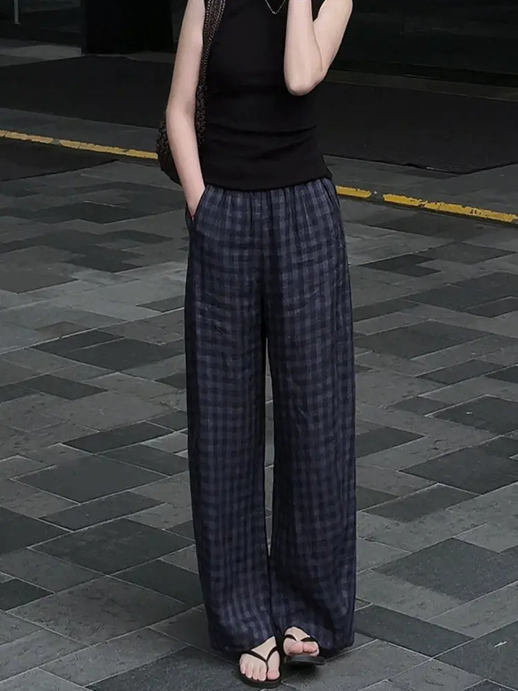 American Retro Lazy Loose Checkered Wide Leg Pants Women's Summer Thin High Waist Loose Slimming Casual Pants