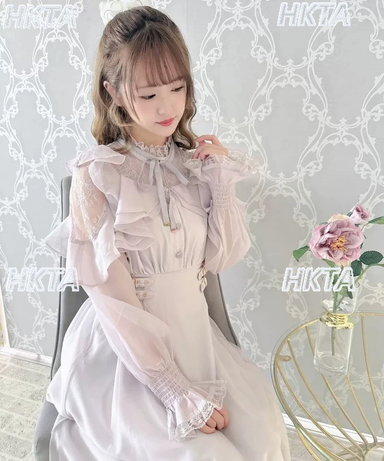 

Japanese Mine Mass-Produced Dress Women Autumn Solid Chiffon Long Dresses Sweet Bow Lace Trim Spliced Long Sleeve Maxi Dress