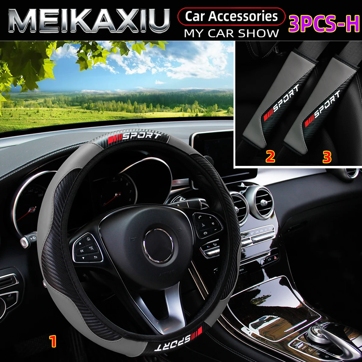 

3PCS Carbon Fiber PU Leather Sport Steering Wheel Covers Rimless Shoulder Guard Women's 14.5-15 Inch Car Wheel Accessory