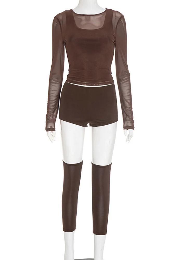 Beyprern المرأة عادية 3 قطعة بقماش شفاف قطعتين الزي المرأة طويلة الأكمام المحاصيل الأعلى + شورت + الفخذ العليا جوارب مجموعة