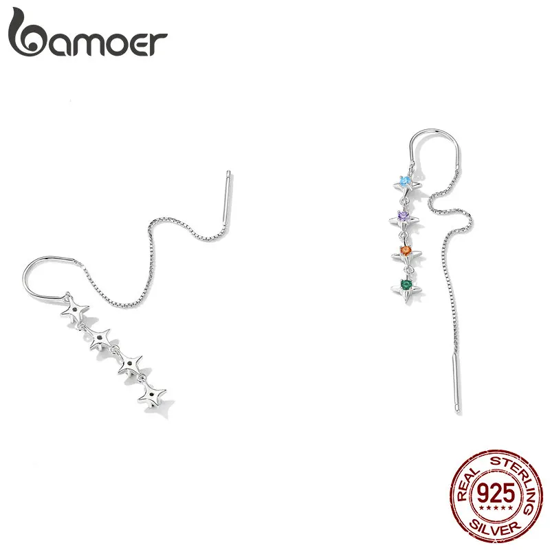 Bamoer 925 Sterling Silver Starry Colored Zirconium Ear Threads for Women Long Tassel Earrings Fine Jewelry Beach Party Gift