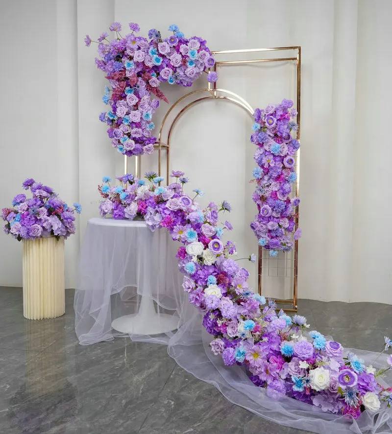 

Outdoor Wedding Backdrop Arch Decor Artificial Purple Blue Rose Delphinium Flower Row Arrangement Aisle Floor Floral Props