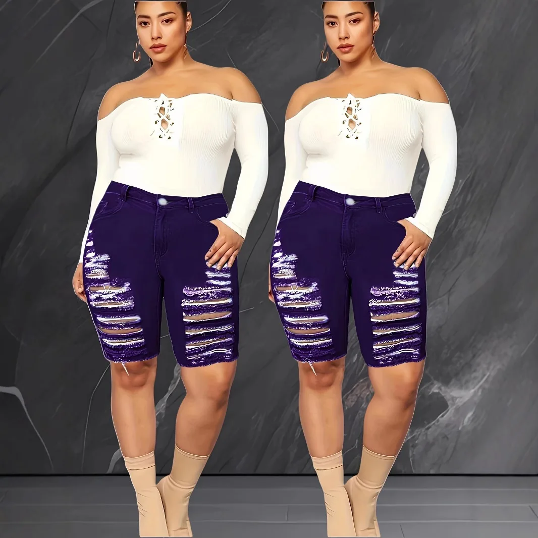 

Джинсовые шорты, женские джинсы с высокой талией, облегающие джинсы с рваными дырками, потертые, летние, 2025 карманов, повседневные базовые сращенные