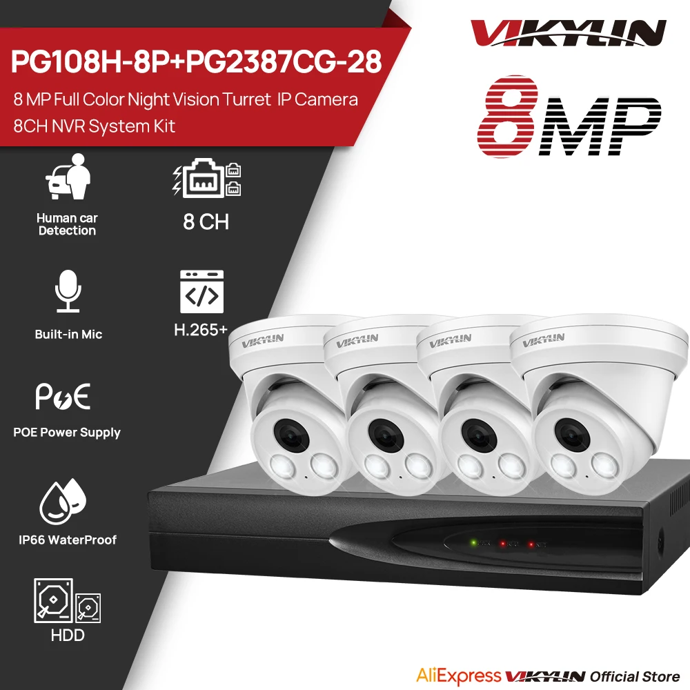 

Vikylin 8MP IP66 Outdoor Security Surveillance Camera 4PCS Kit NVR 8POE NVR Video Recorder Home Security Protection CCTV System