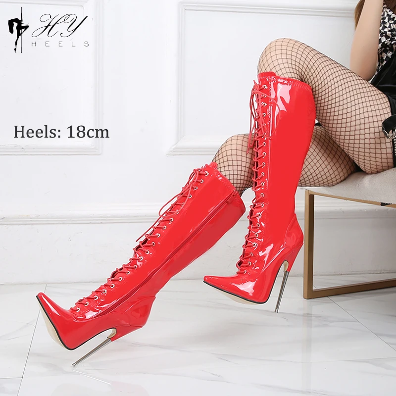 Knee High Pointy Toe Fetish Boots Women 18cm Extreme High Silver Metal Heels Sexy Fetish Stiletto Sexy Middle Height Party Boots