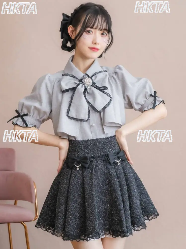 

2025 New Japanese Style Sweet Cute Lolita Short Sleeve Blouse Female Commuter Lace Splicing Bow Lapel Chiffon Shirt Top Women