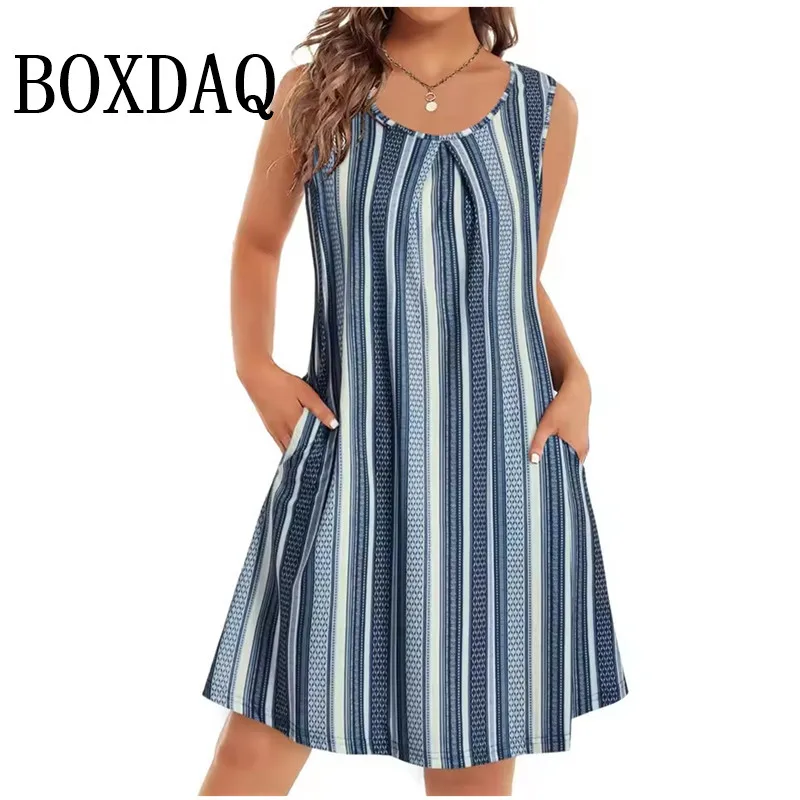Bohemian Print New Casual Sleeveless Women's Round Neck Dress Retro Sundress Loose Dress Summer Vest Pockets Female Dresses 2025