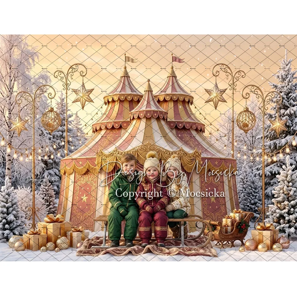 Mocsicka Backdrop Photography Christmas Circus Tent Carousel Star Snowy Gift Background Winter Holiday Kids Outdoor Studio Photo
