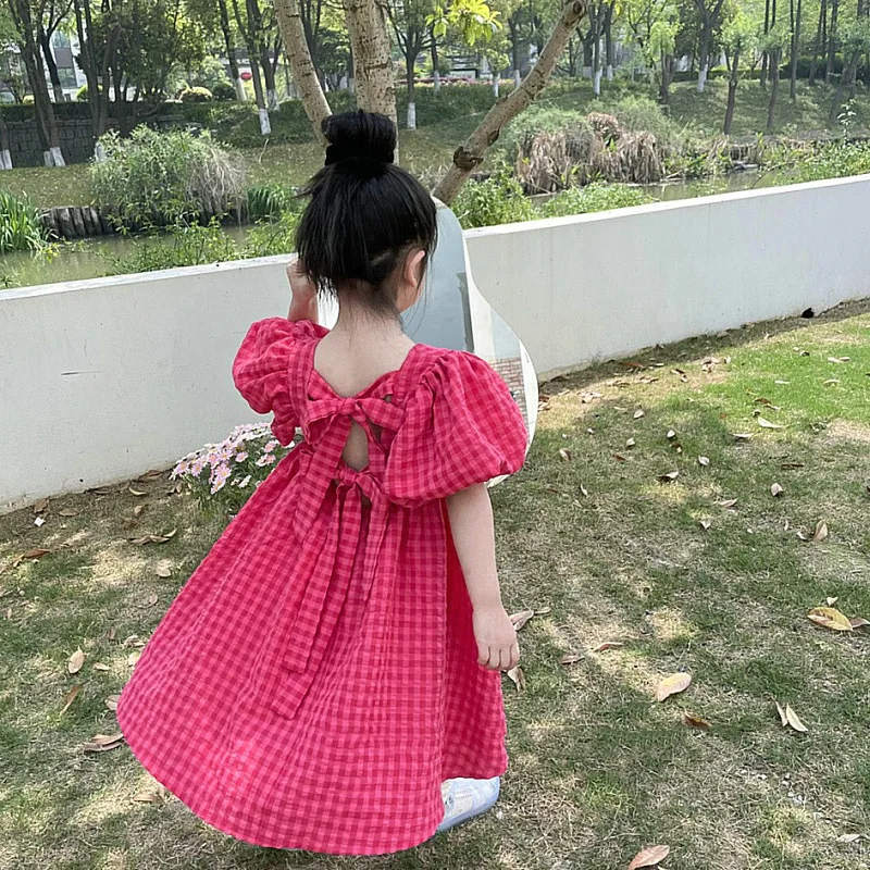 2025 New Children's Dress Girls' Summer Korean Edition Fashion Bubble Sleeves Checkered Strap Backless Dress 1-6Y