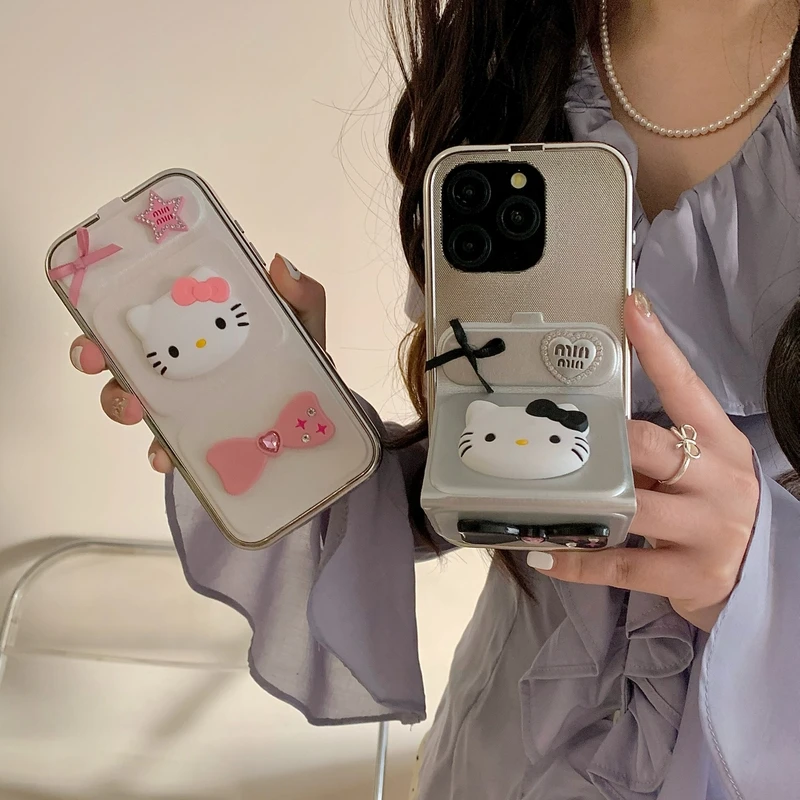 Custodia per telefono stereoscopica 3D Cute Cartoon Sanrio Hello Kitty per iPhone 15 14 13 12 11 Pro Max Cover posteriore pieghevole per supporto