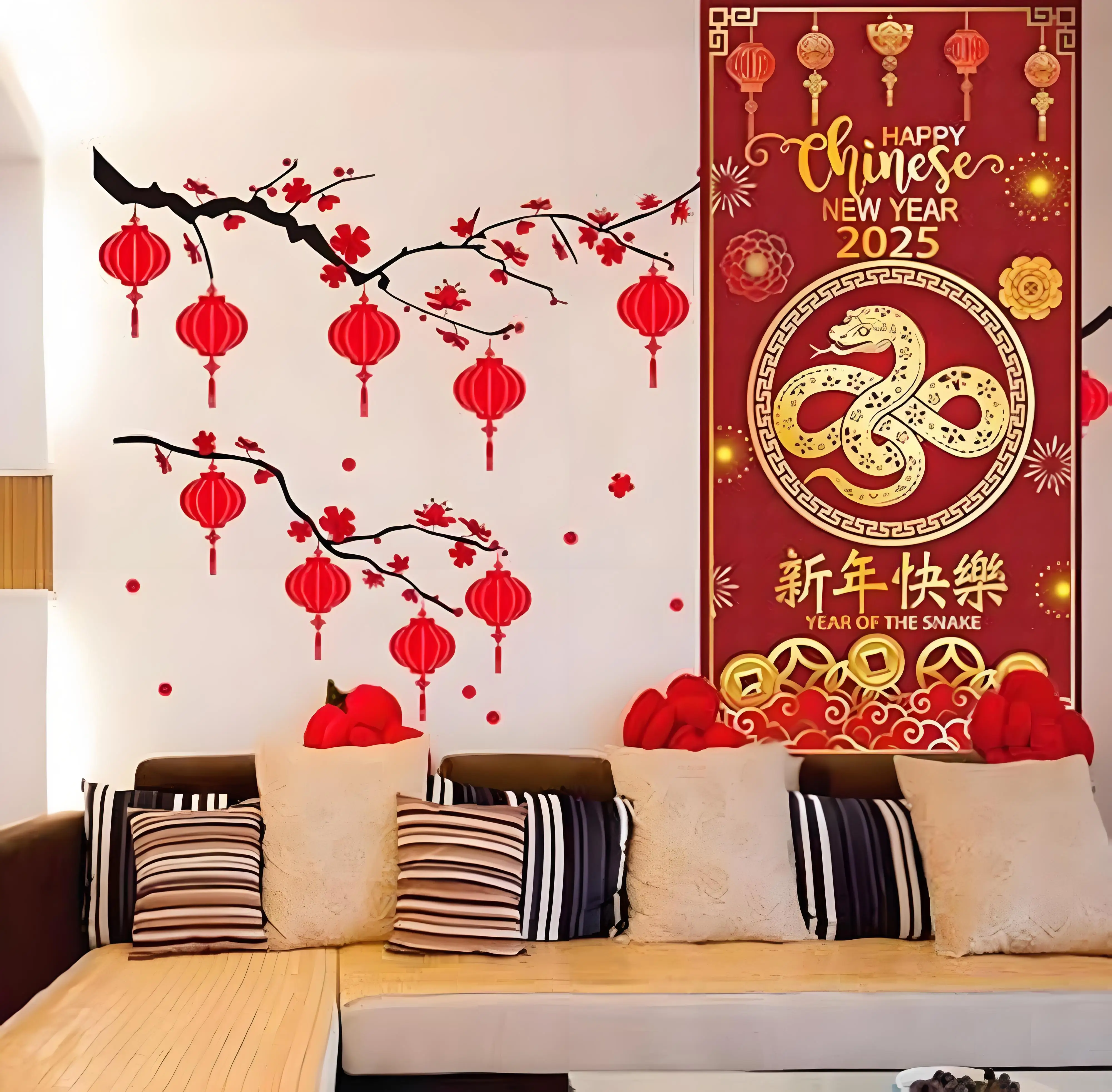 Feliz Año Nuevo Chino 2025 cubierta de puerta fondo decorativo pancarta porche signo fotografía fondo suministros para fiestas