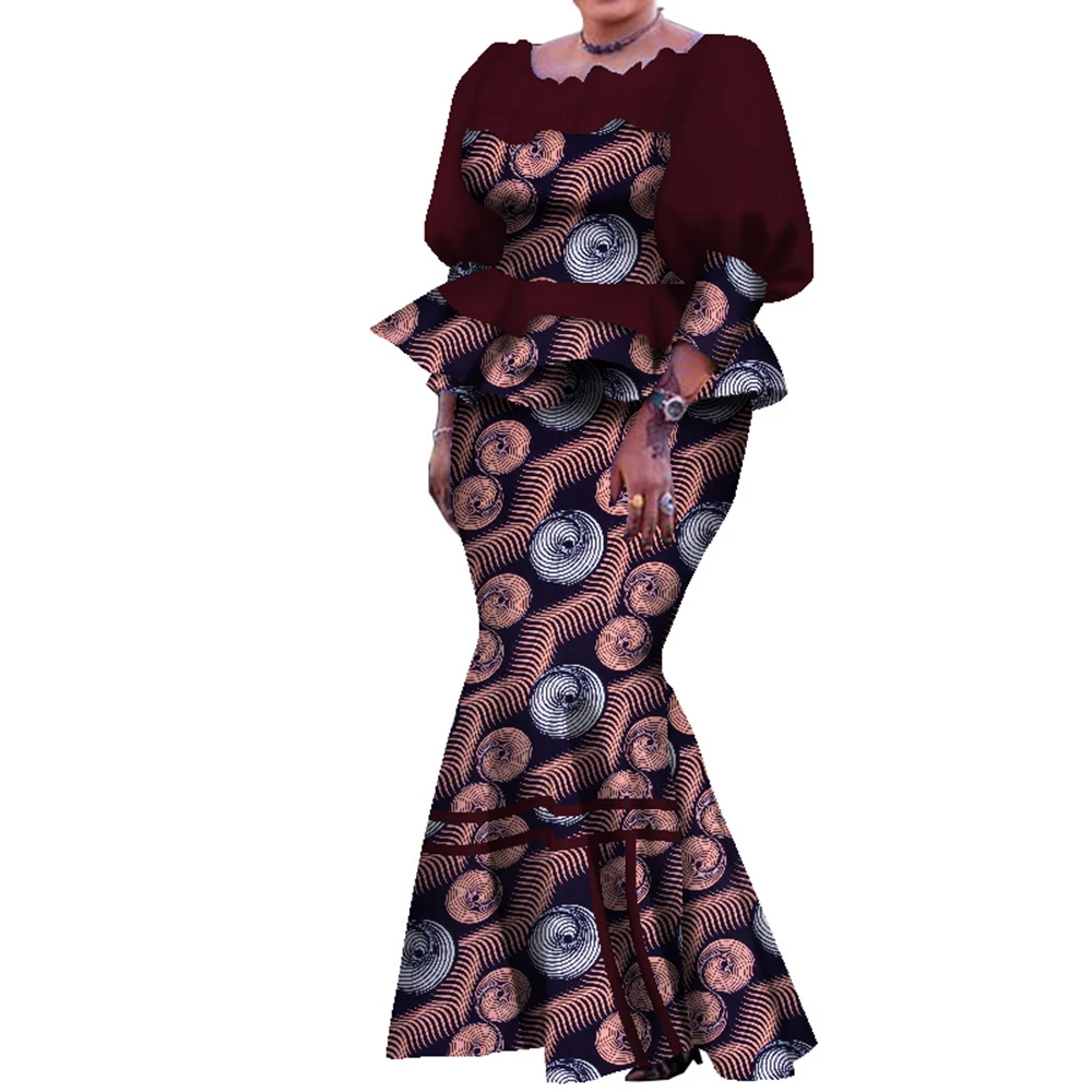 Traditional African Women Skirt Suit Pleated Top and Ankle Length Skirt Lovely Lady Plus Size Female Autumn Skirt Set WY7907