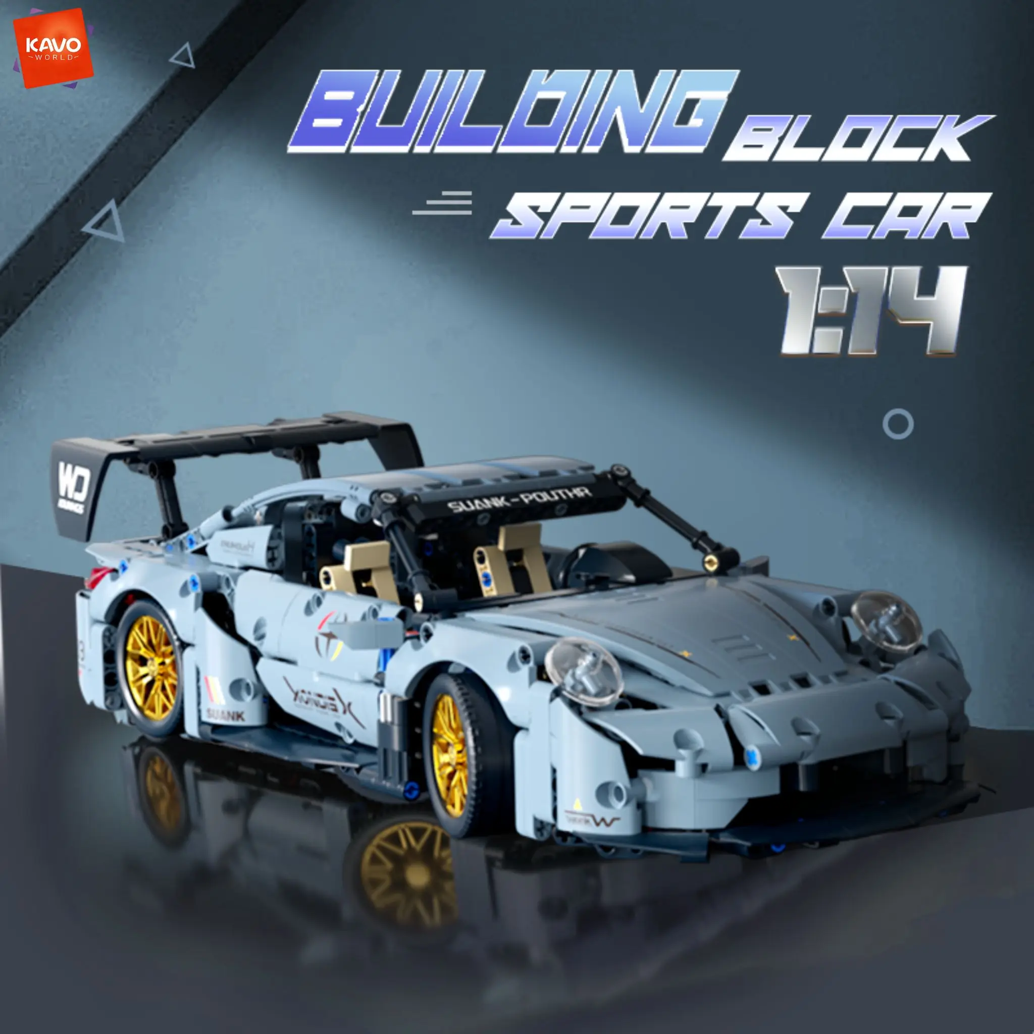 

KAVOWORLD 973PCS Sports Car Building Blocks Set 1:14 Grey Supercar Model with Gold Wheels Creative Assembly Toy Kid Holiday Gift