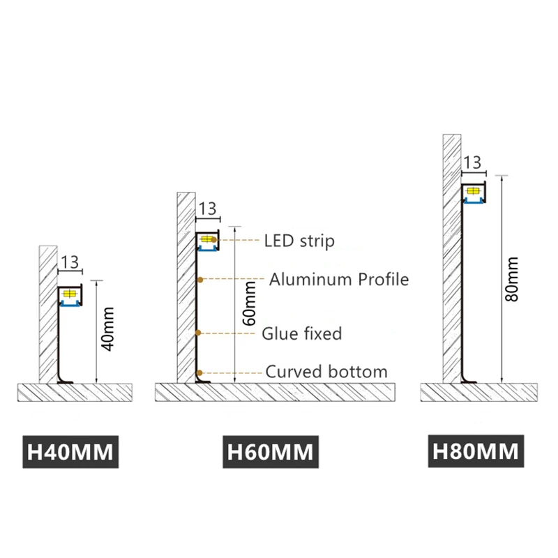 H40/60/80mm 임베디드 LED 스커트 라인 알루미늄 프로파일 바닥 베이스 보드 스트립 라이트 금속 벽 스커트 코너 선형 램프