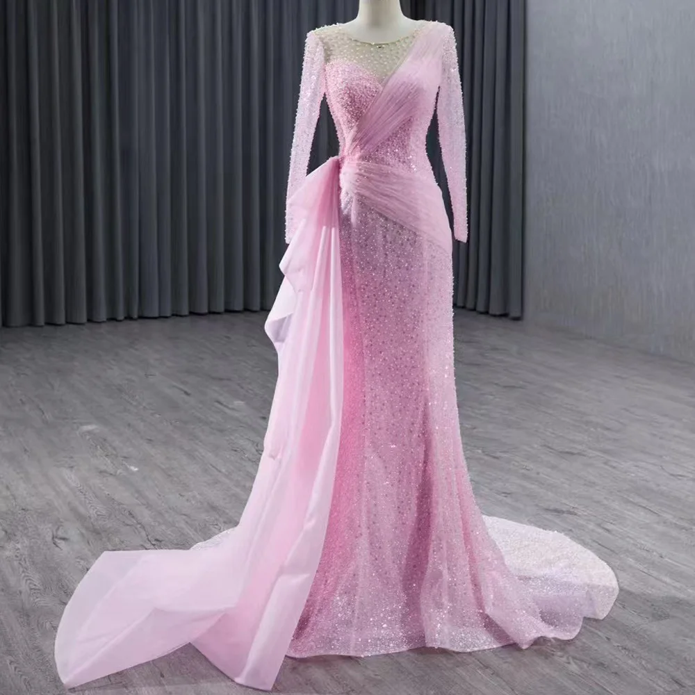 

Розовое вечернее платье с круглым вырезом, длинными рукавами, шнуровкой на спине, жемчугом и пайетками, с возможностью индивидуальной посадки, облегающее, элегантное женское платье для вечеринок