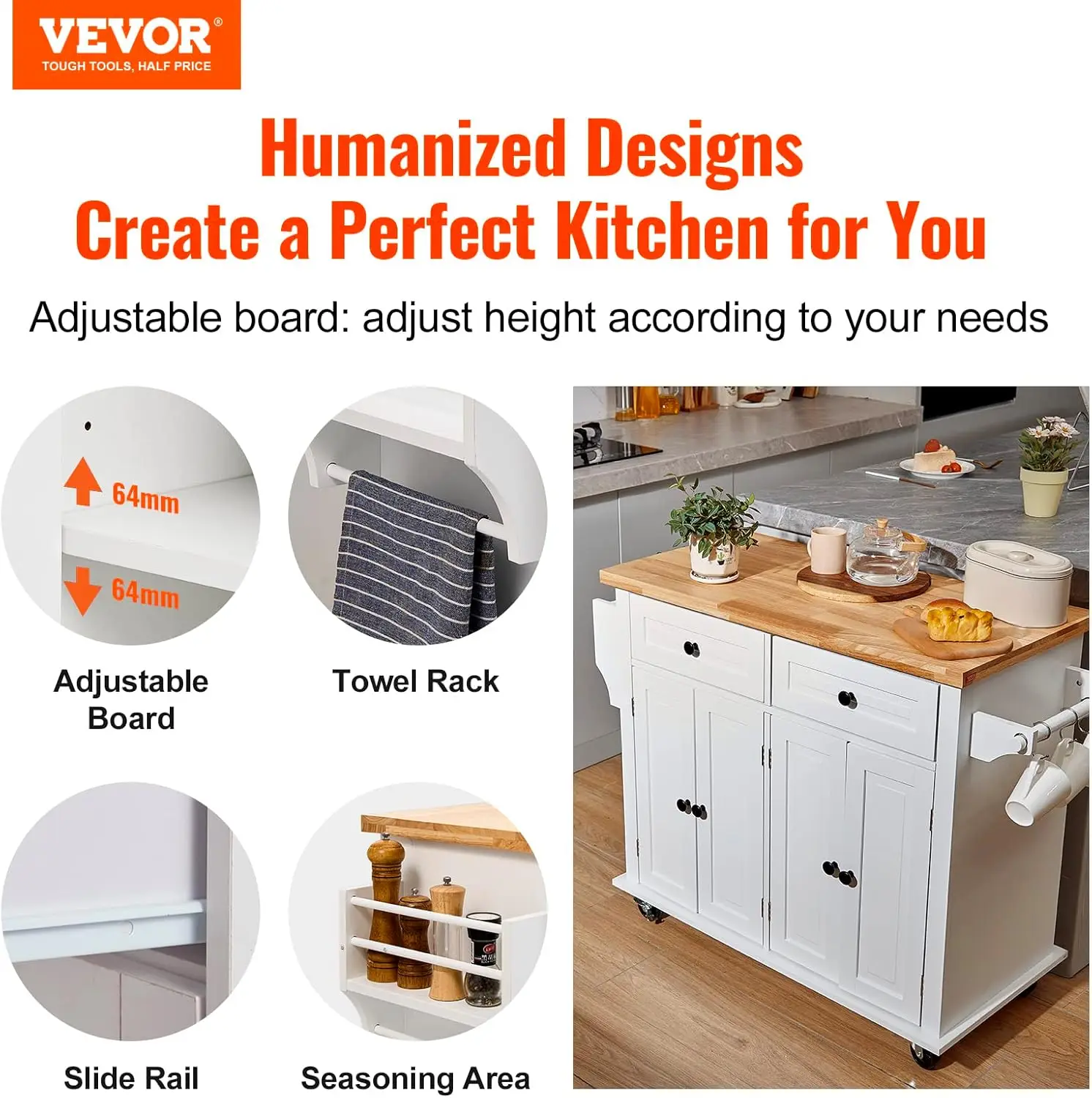 Kitchen Island Cart with Solid Wood Top, 35.4" Width Mobile Carts with Storage Cabinet, Rolling Kitchen Table with Spice Rack, T