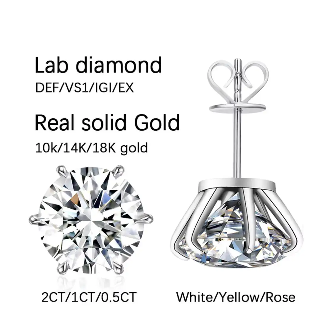 Custom Fine Jewelyr Earrings 6 Claw Inlay Real Solid 18k 14k 10k Gold Earring Round Cut 1 2 4 Carat Lab Grown Diamond Earings - view 2