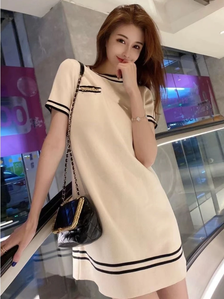 Knitted Chain Striped Patchwork Slim Dress Casual Strecth Mini Summer Dresses Spring Korean Fashion Party Short Kawaii Skirt